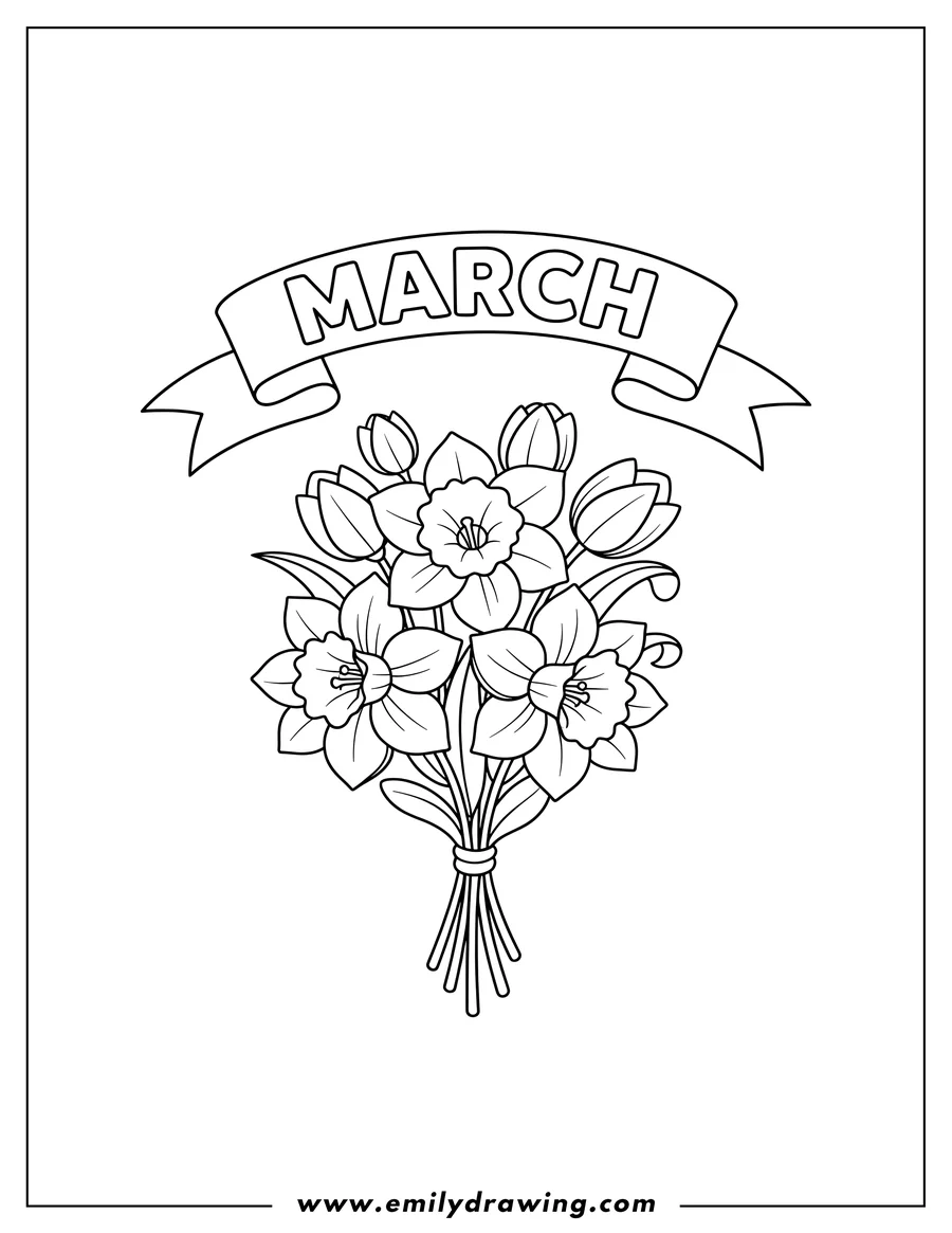 Full page coloring image of daffodil and tulip flower bouquet with a March banner