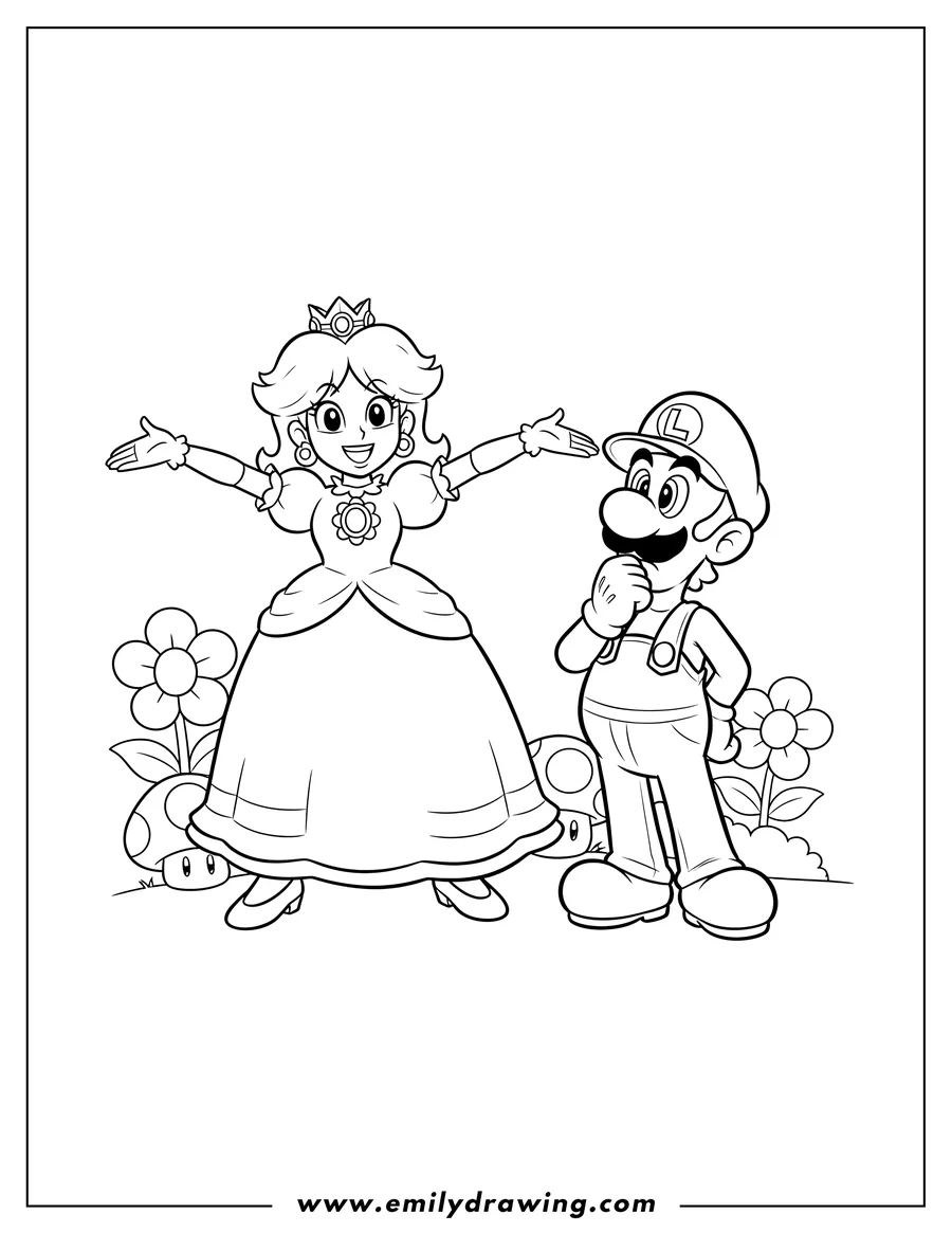 Downloadable coloring page of princess Daisy with arms outstretched next to Luigi, who is scratching his chin