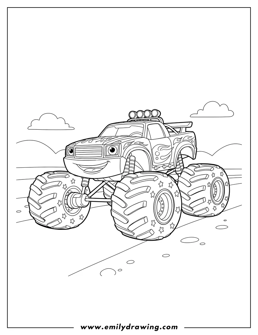 High quality printable darington Monster Machine smiling with star-patterned tires for coloring