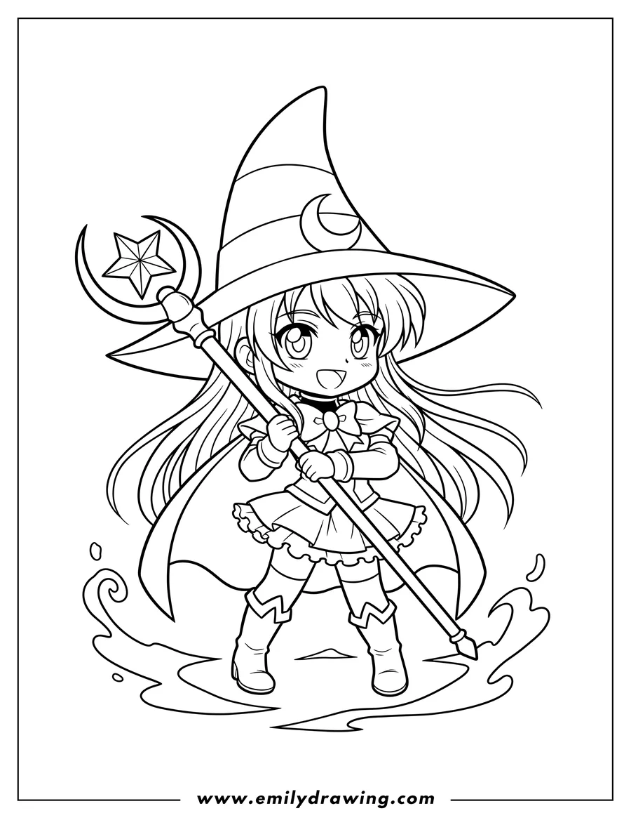 Simple sketch of cute Dark Magician Girl holding a staff to color