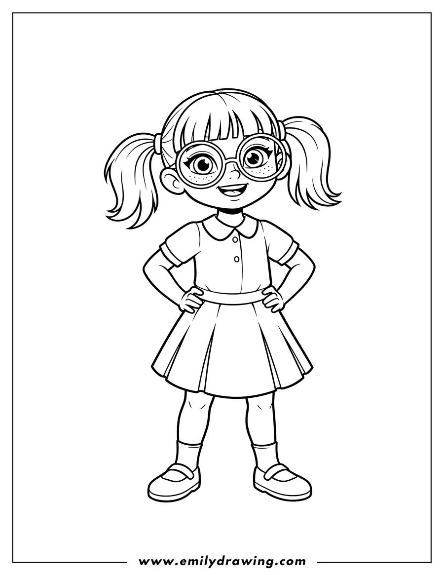 Black and white line art of dasha with pigtails, bangs, square eyeglasses, and a school dress, standing with hands on hips