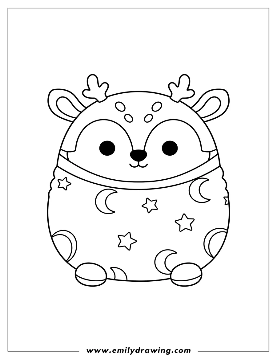Outline drawing of cute Dawn Deer Squishmallow coloring page, front view