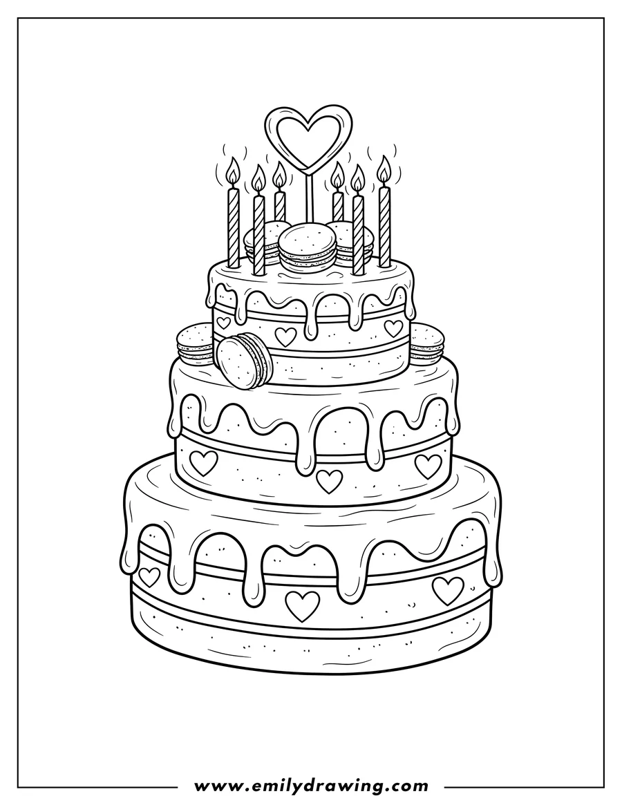 Black and white line art of A delicious cake with macarons, lit candles, heart decorations, and dripping icing