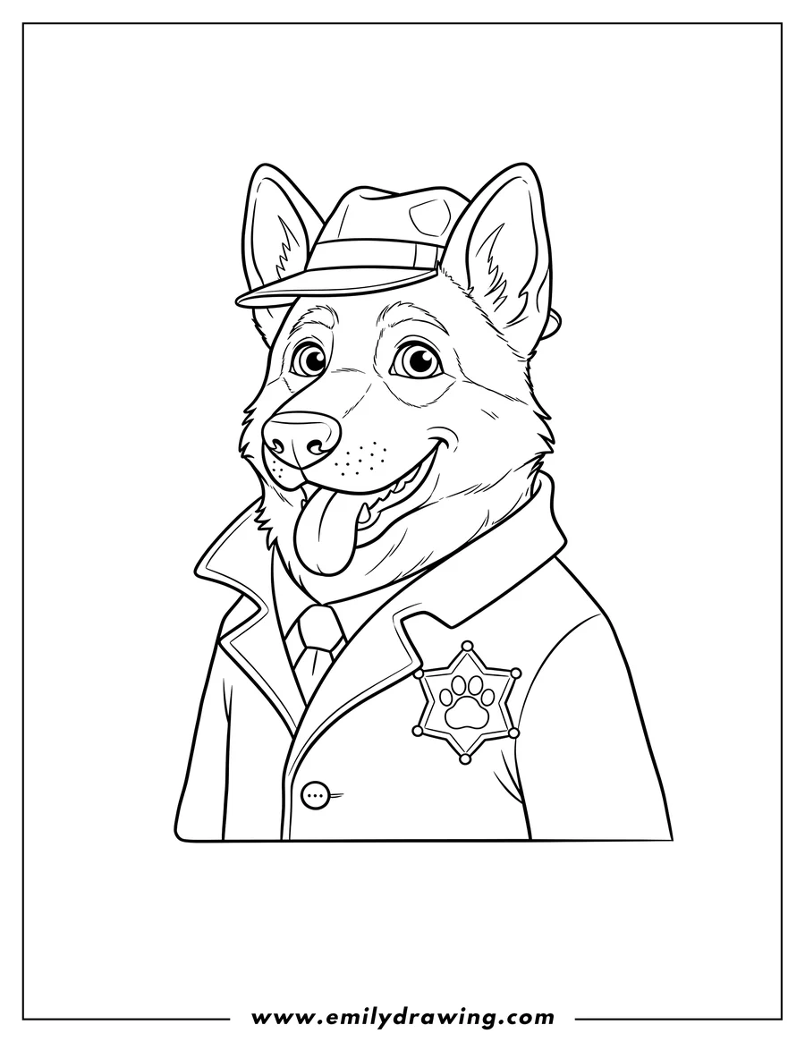 Free to print drawing of detective German Shepherd With Coat And Hat, tongue out, with a star badge