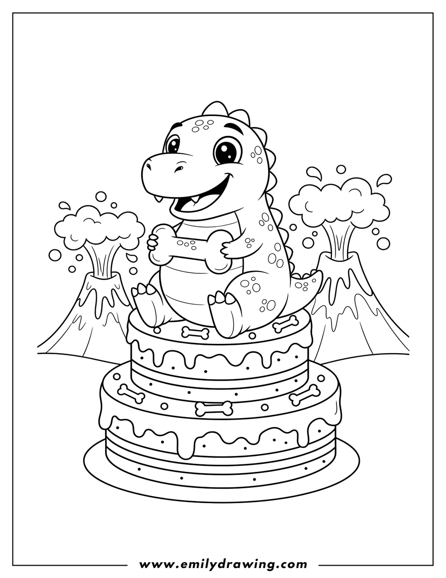 Vector style outline of cute dinosaur holding a bone, sitting on a two-tiered cake with icing drips and bone designs, with erupting volcanoes in the background