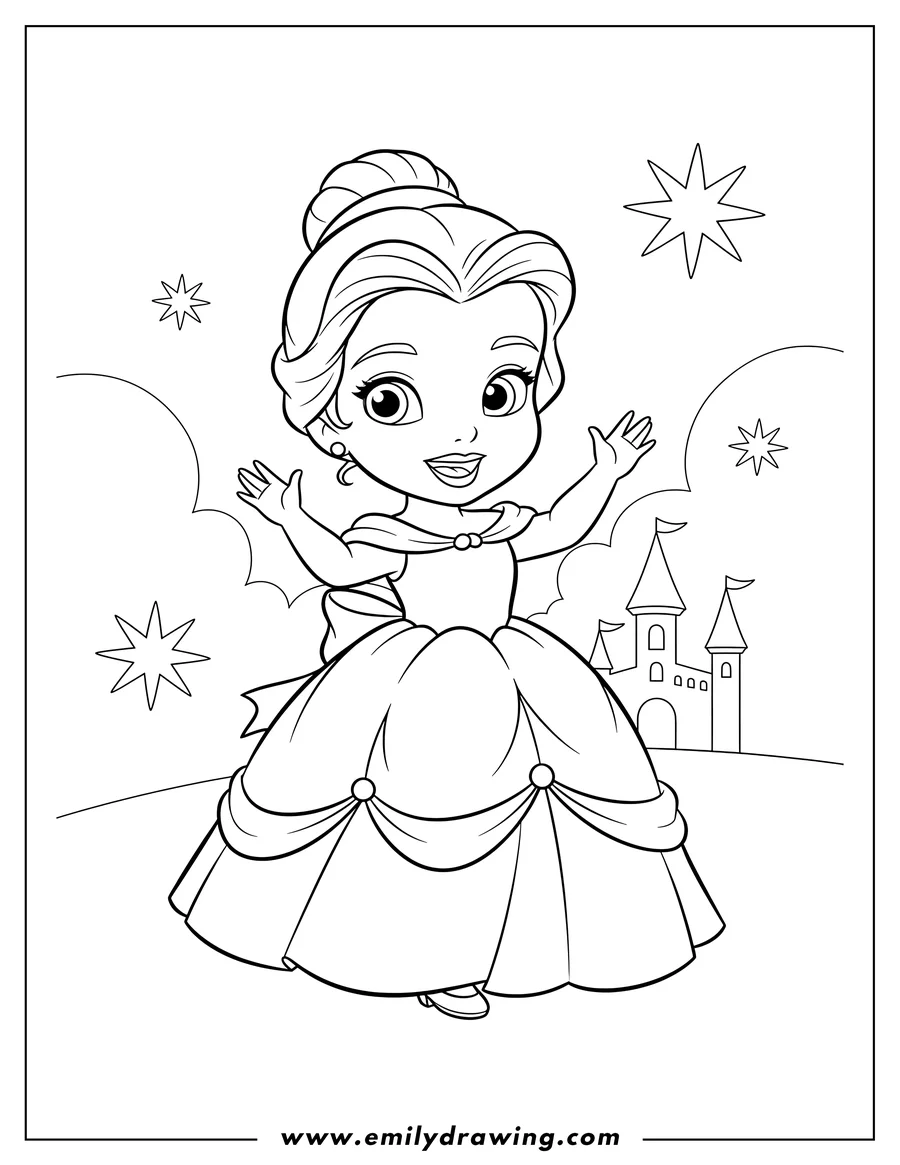 Coloring sheet featuring cute Disney Belle Ball Gown Preschoolers, chibi style, smiling and waving