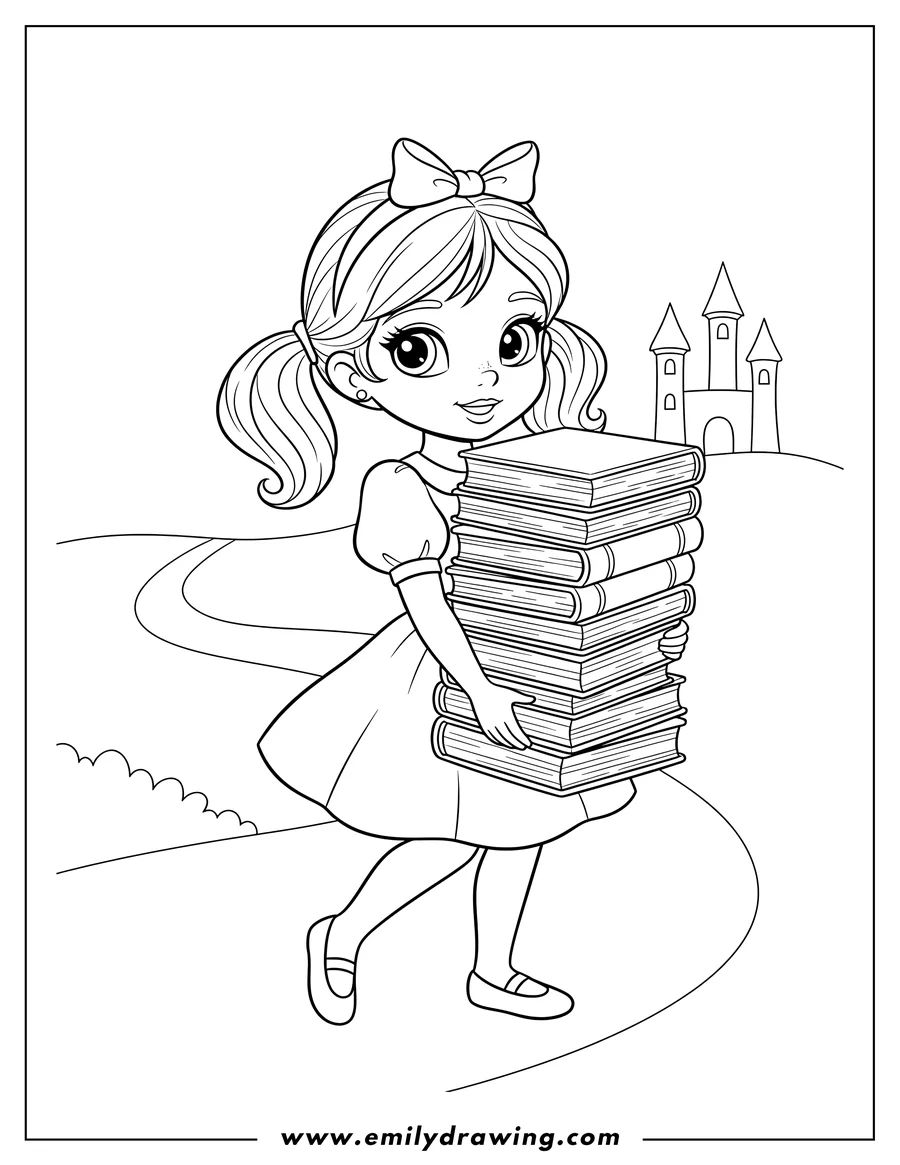 High quality printable cute Disney girl carrying a stack of books for coloring
