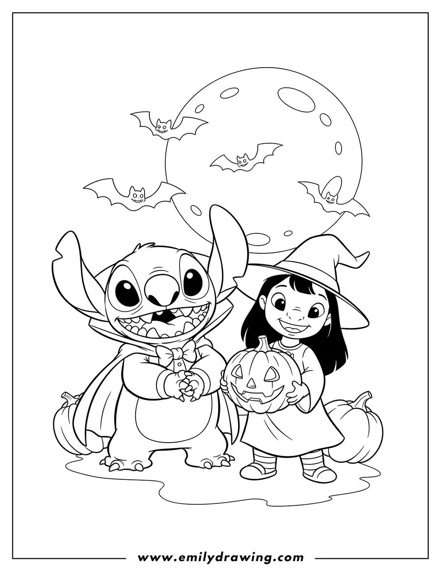 Printable line art of disney Halloween Disney: Stitch and Lilo in Halloween costumes, Lilo holding a pumpkin