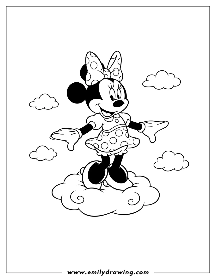 Clean line drawing: cute Disney Minnie Mouse standing on a cloud, wearing a polka dot dress and bow