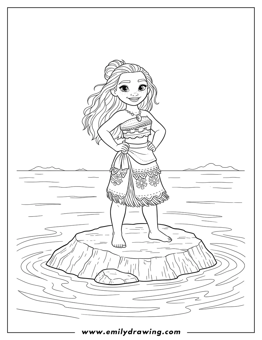 Free to print drawing of cute Disney Moana Middle Sea, standing on a rock, hand on hip, smiling