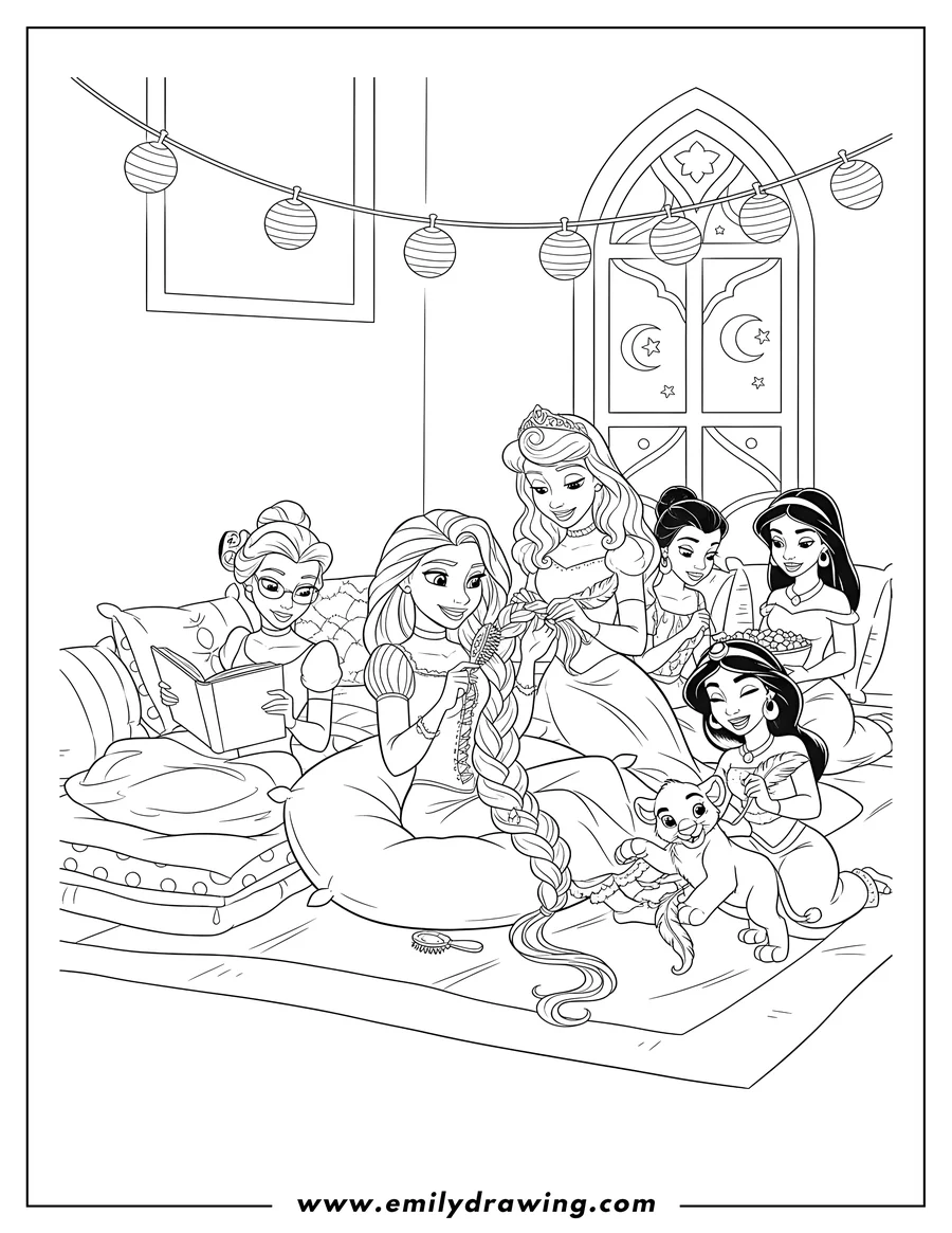 Simple sketch of disney Princesses Sleepover with Rapunzel getting her hair braided, Belle reading, and Jasmine playing with a lion cub to color