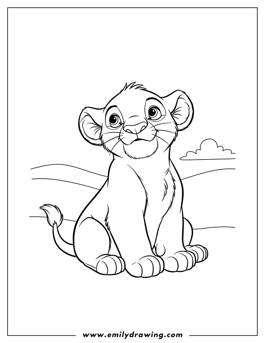 PDF style coloring page: cute Disney Simba cub sitting and looking up