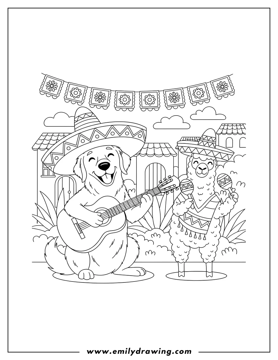 Free printable coloring sheet of A dog in a sombrero playing guitar and a llama playing maracas to celebrate Cinco de Mayo