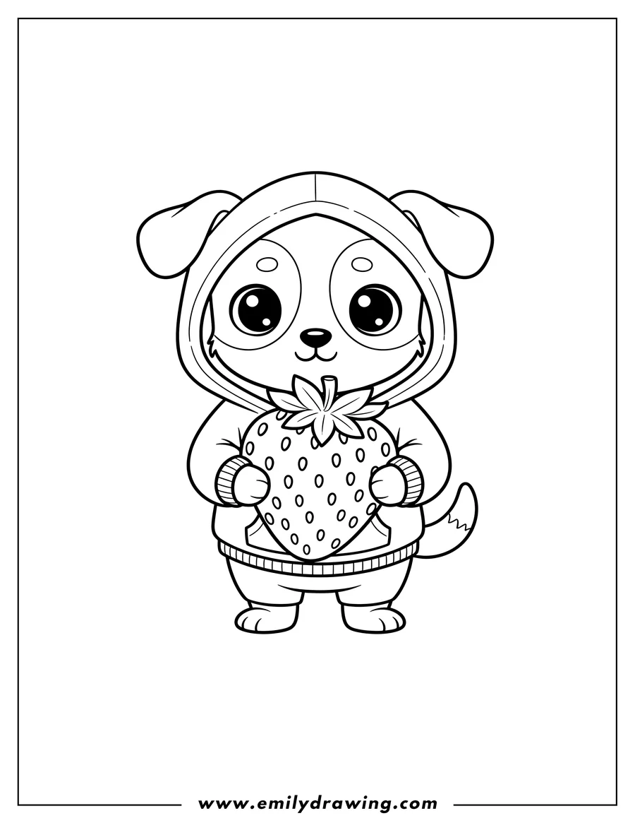 Coloring sheet featuring cute Dog Hoodie standing with big eyes holding large strawberry