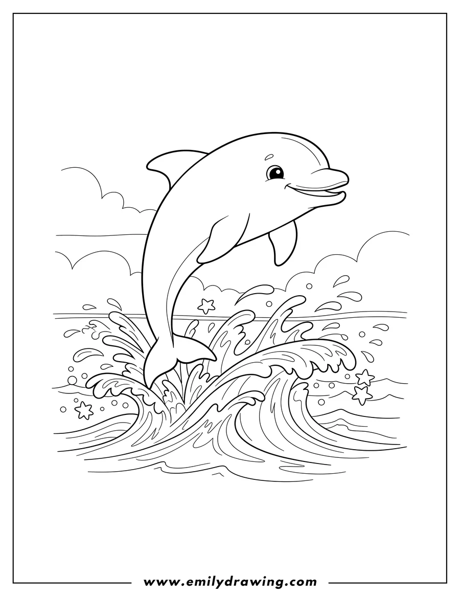 Black and white line art of cute dolphin jumping out of the sea with splashes