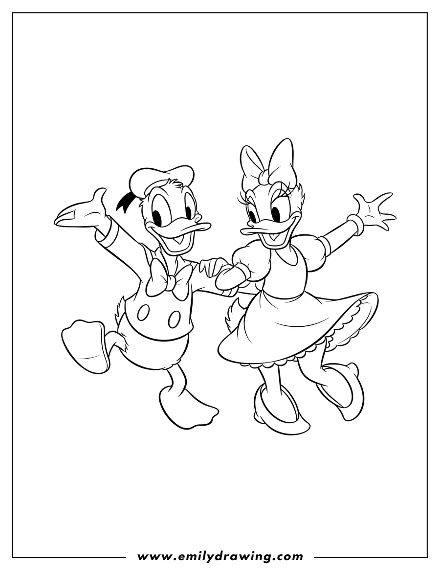 Black and white line art of donald Duck and Daisy Duck happy and dancing