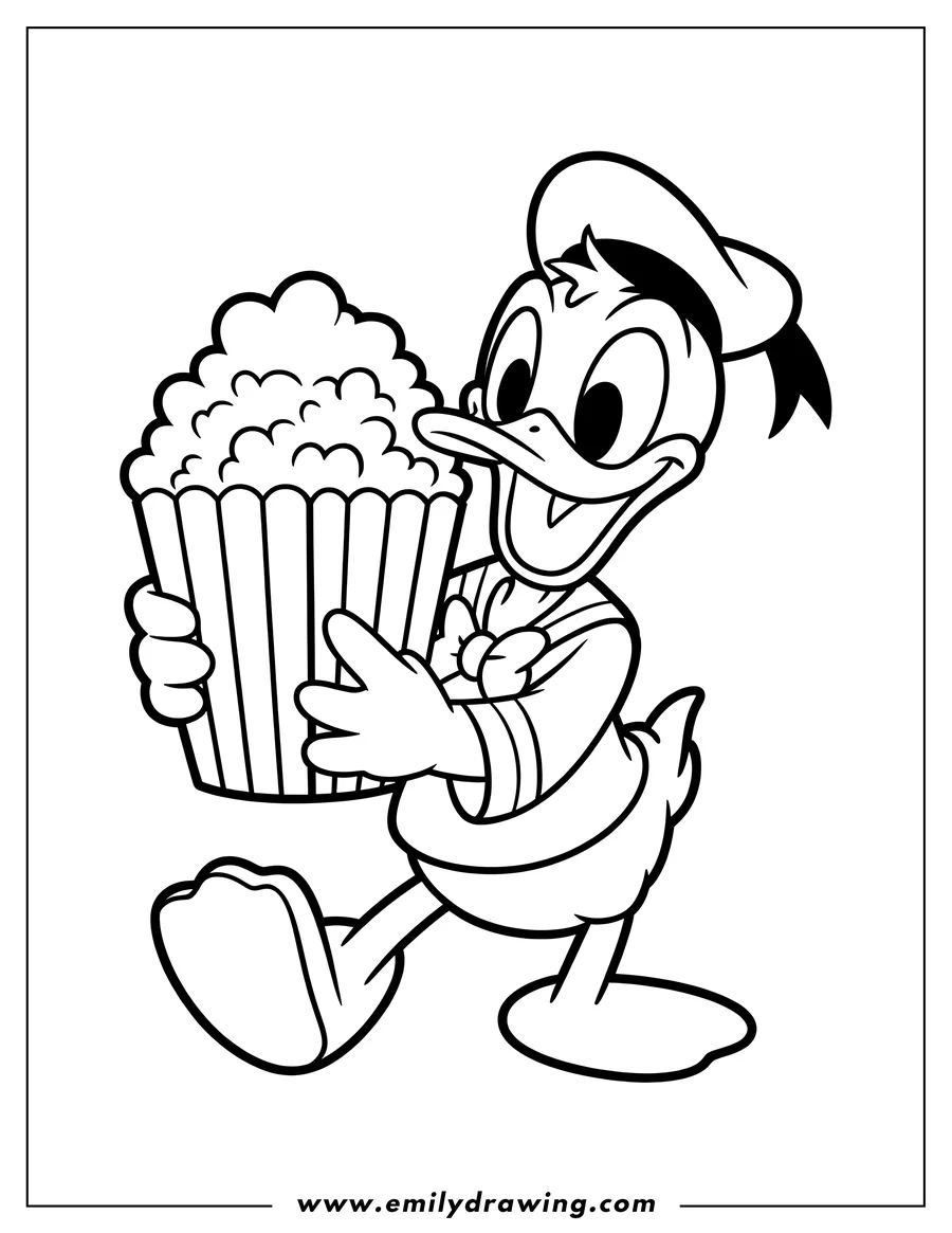 Black and white line art of donald Duck
