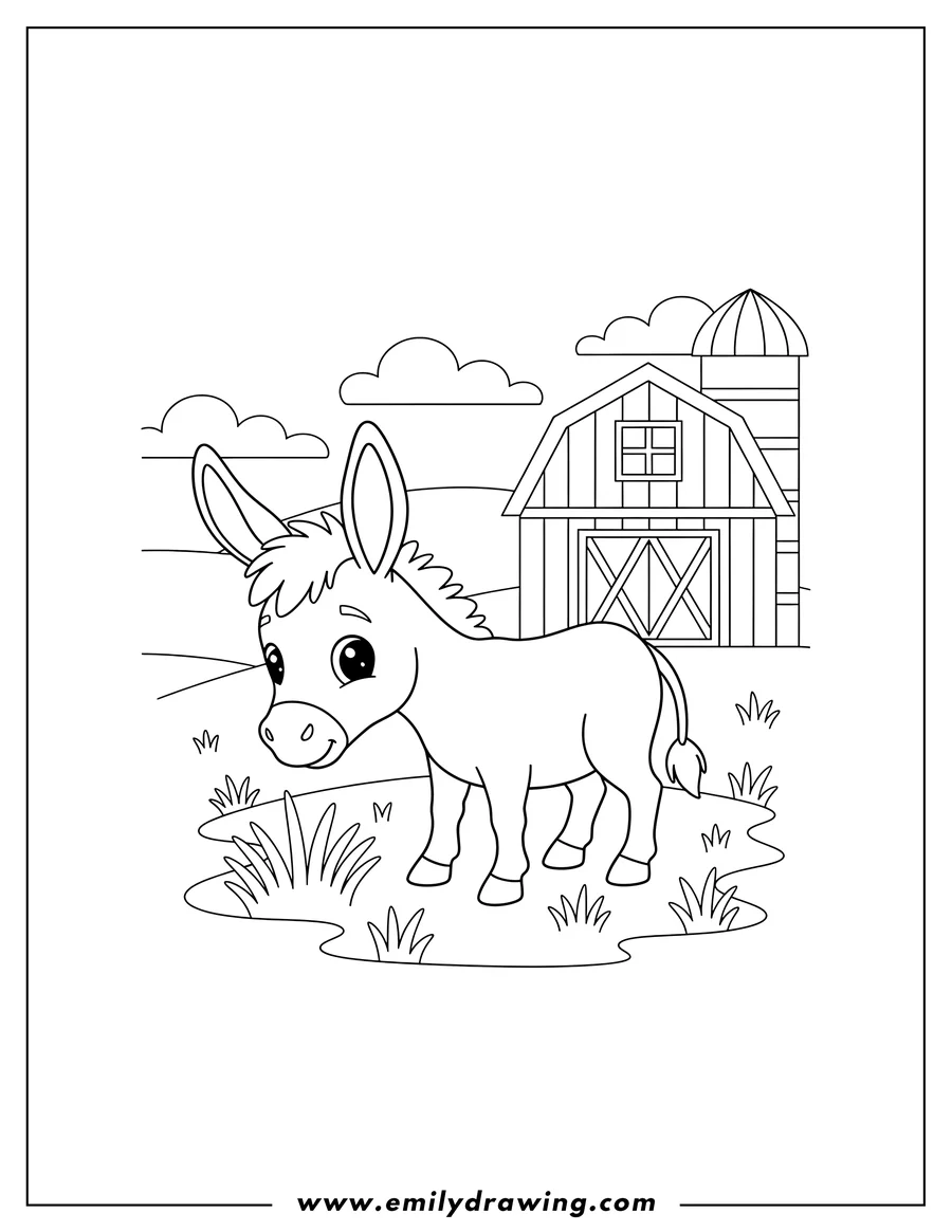 Doodle style coloring picture of cute Donkey Grazing with Farm Barn To Color