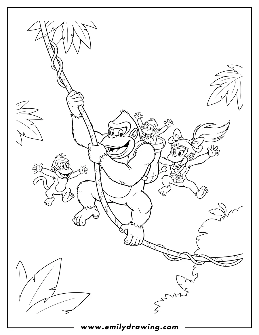 Free printable coloring sheet of donkey Kong with Diddy Kong, Dixie Kong, and a baby monkey swinging on a vine