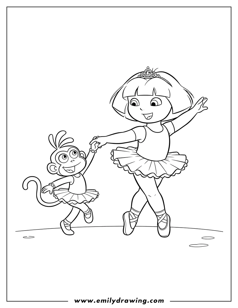 Full page coloring image of dora as a ballerina dancing with Boots