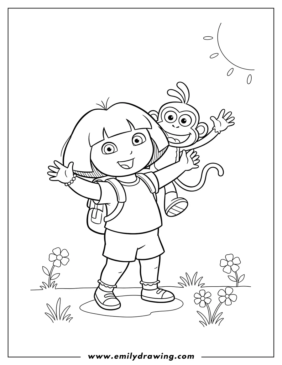 Coloring page of dora carrying Boots on her back, both smiling and waving