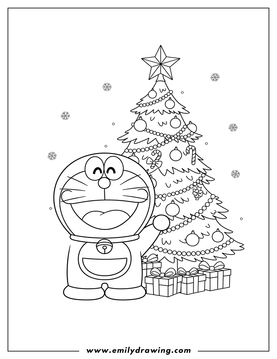 Doodle style coloring picture of doraemon smiling broadly next to a decorated Christmas tree with a star