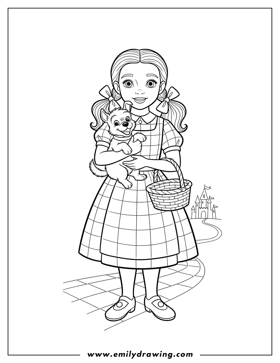Coloring sheet featuring dorothy with pigtails holding happy Toto in her arms and a basket, from Oz