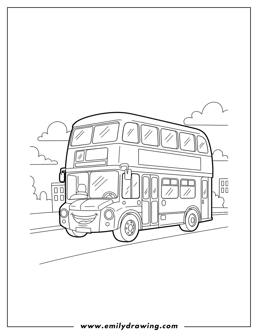 Downloadable coloring page of double Decker Bus moving on the road