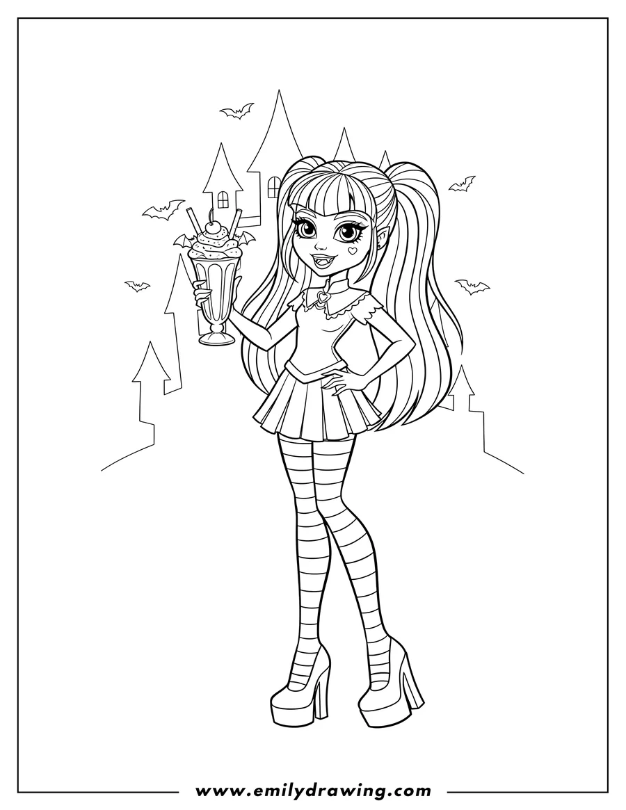 Full page coloring image of draculaura holding a bat-themed milkshake, with one hand on her hip and a smiling face