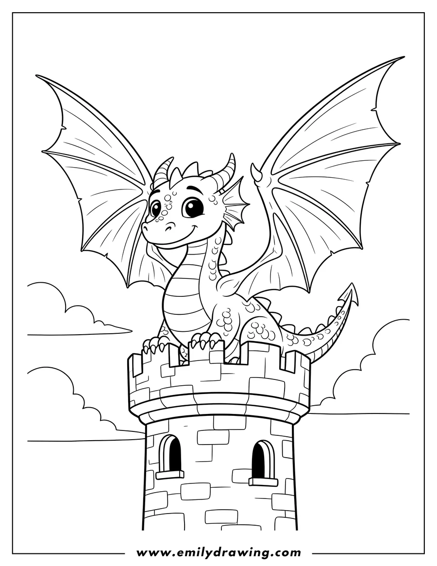 Printable coloring page of dragon perched with spread wings on a medieval castle tower to color