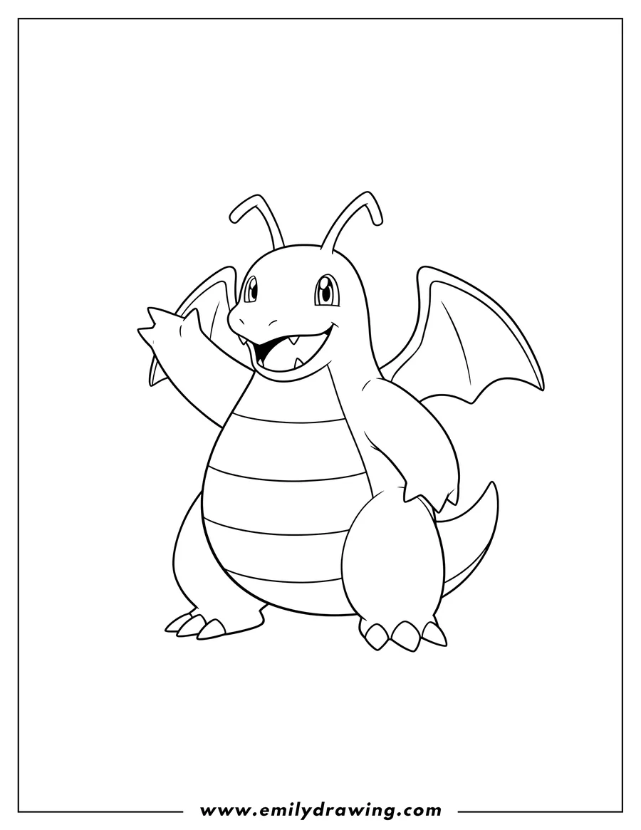 Coloring sheet featuring dragonite Pokemon standing, smiling, with one arm raised