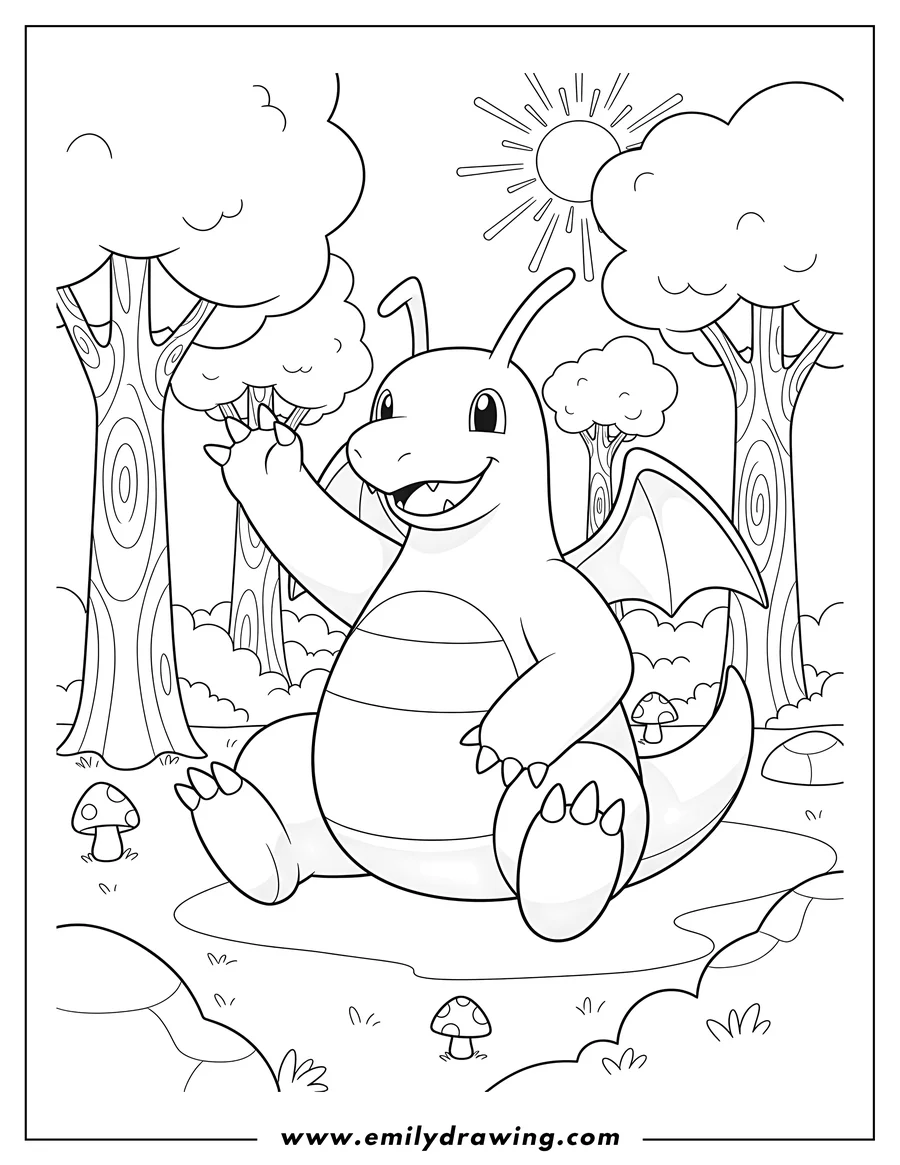 Outline drawing of dragonite sitting and waving in a forest