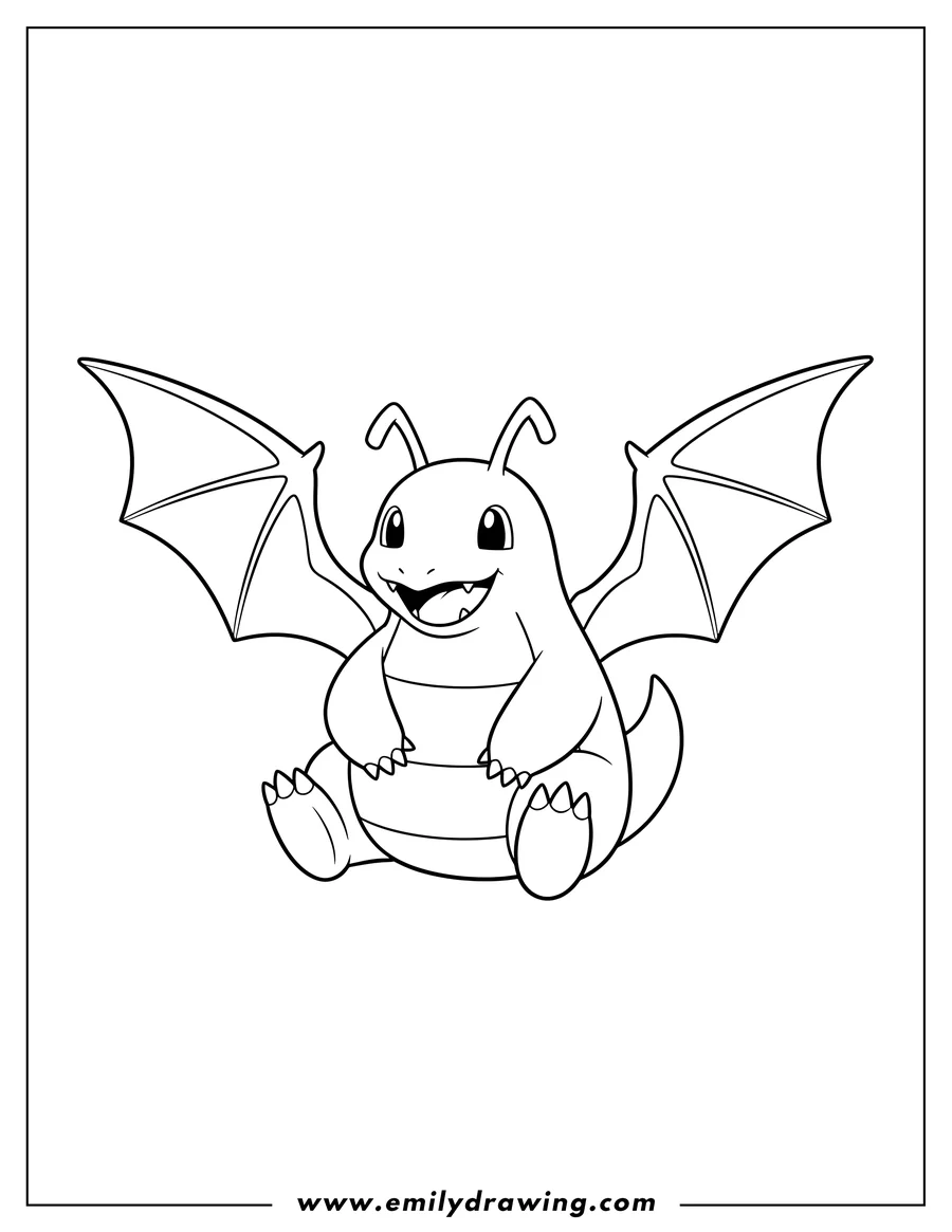 Black and white line art of cute Dragonite sitting with wings spread