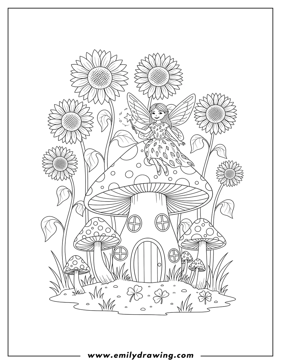 Clean line drawing: dreamlike Mushroom Forest with Sunflowers and a Fairy