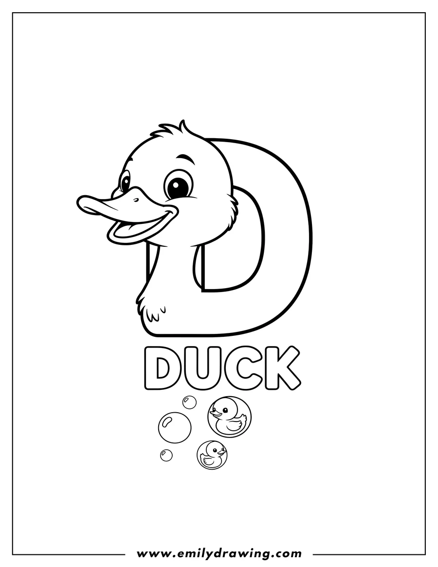 Downloadable coloring page of duck Themed Letter D, with a duck's head, eye, and beak, and the word 'Duck' written below