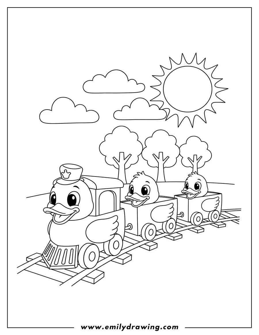 Doodle style coloring picture of duck train on tracks, smiling and looking to the side