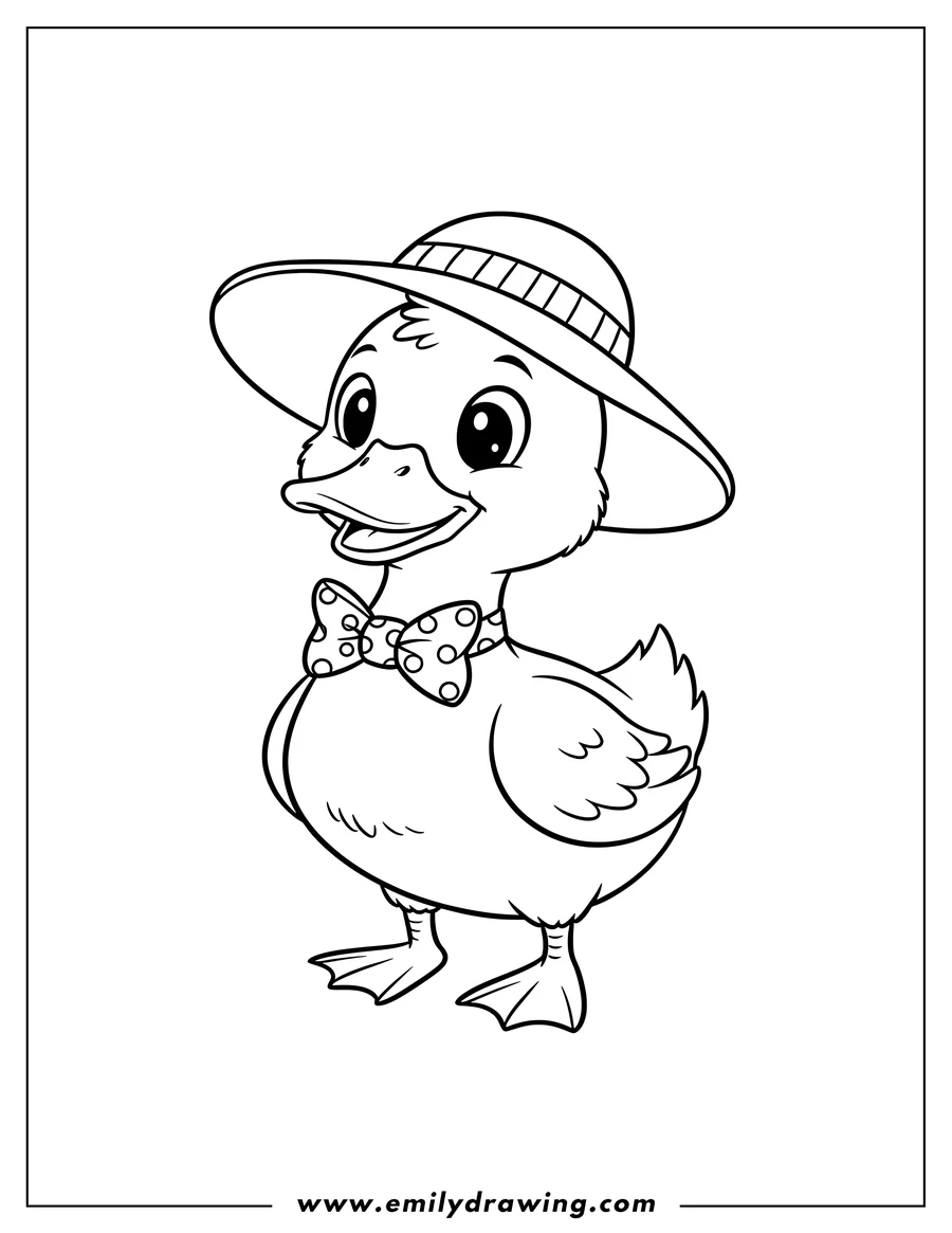 Vector style outline of cute duck wearing a hat and bowtie with large eyes