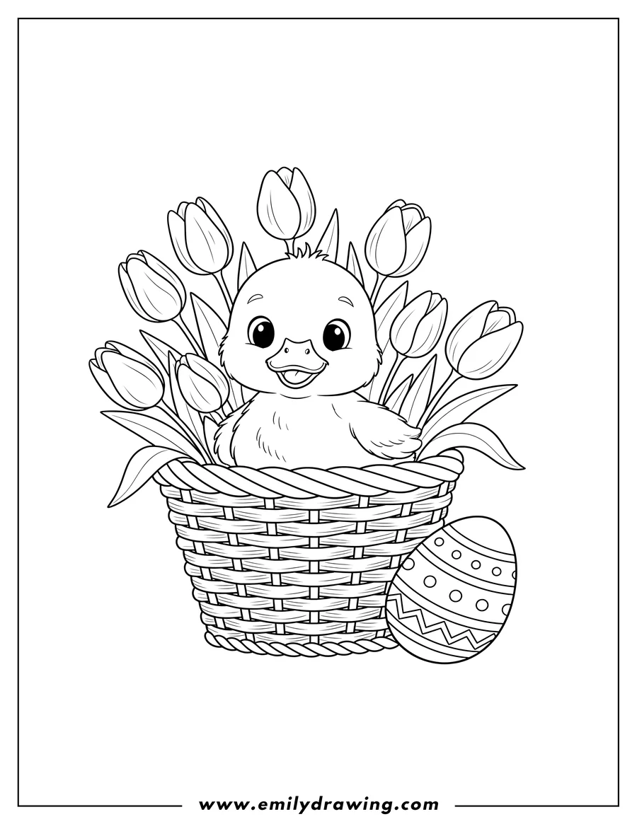 Printable line art of cute duckling peeking out from a flower basket filled with tulips, with one Easter egg resting beside it