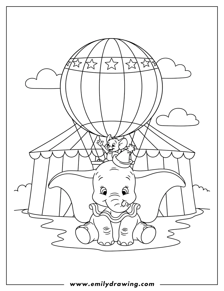 Coloring page for kids: cute Dumbo sitting, with a mouse on a balloon, outside circus tent