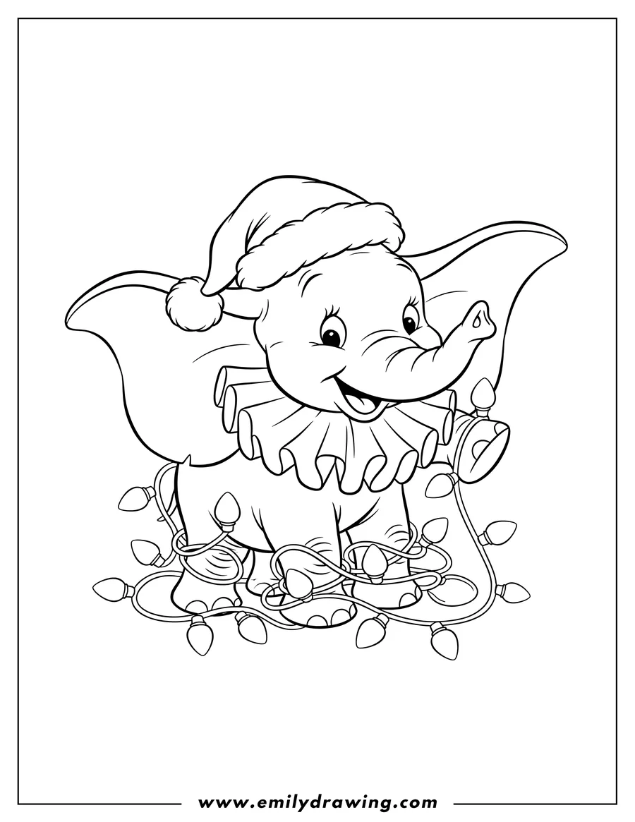 High quality printable cute Dumbo wearing a Santa hat, smiling, and wearing a ruffled collar, tangled in Christmas lights for coloring