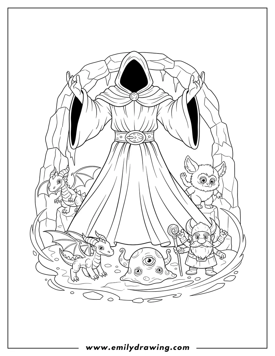 Coloring page of dungeon Master in a cloak raising hands, with small creatures