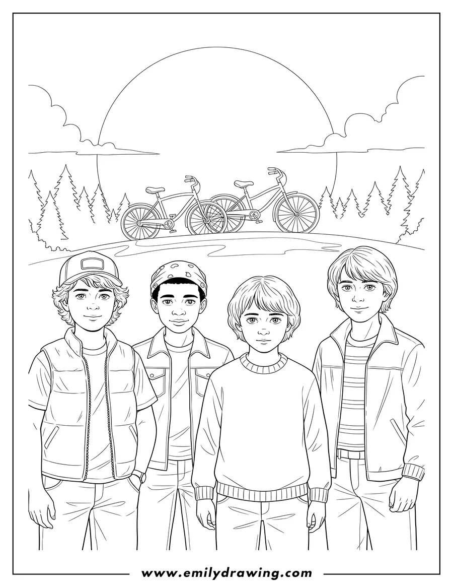 Doodle style coloring picture of dustin, Lucas, Will, and Mike looking forward together