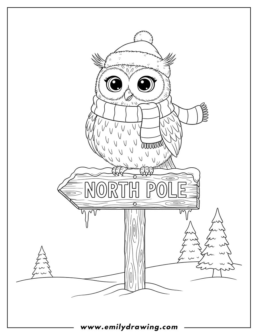 Simple sketch of cute eared owl sitting on a snowy North Pole sign to color