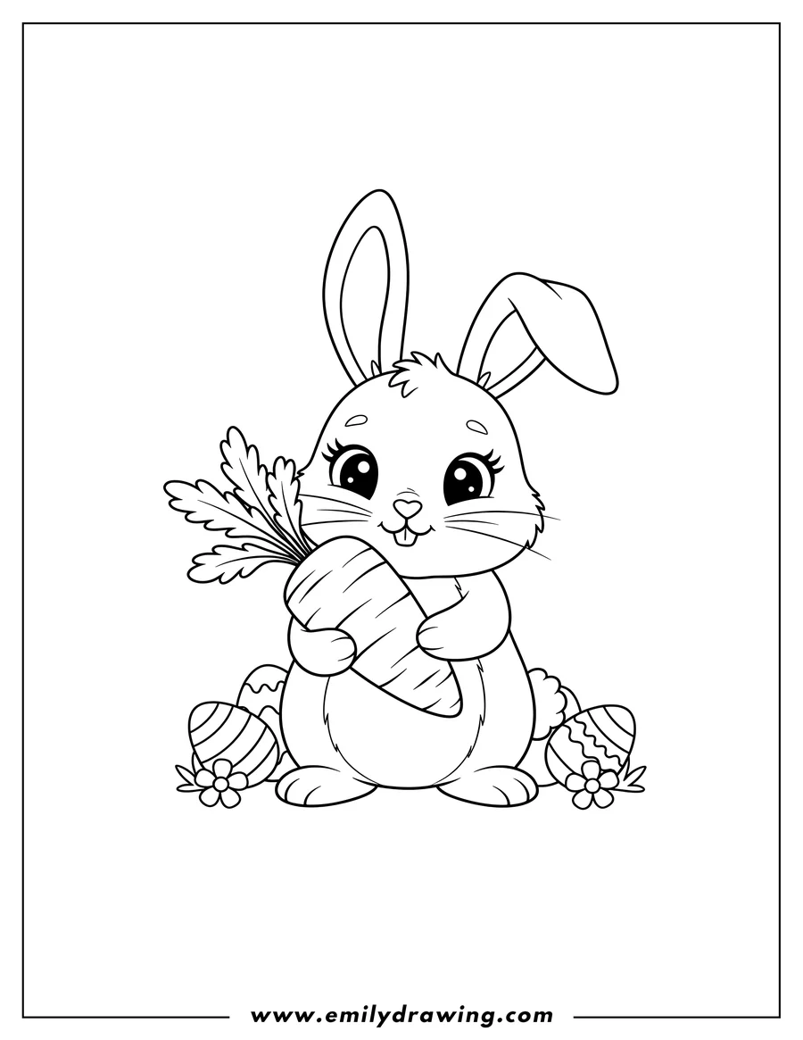 Coloring sheet featuring cute Easter Bunny standing, holding a carrot with both paws, with one ear flopped and big eyes with eyelashes, for preschoolers