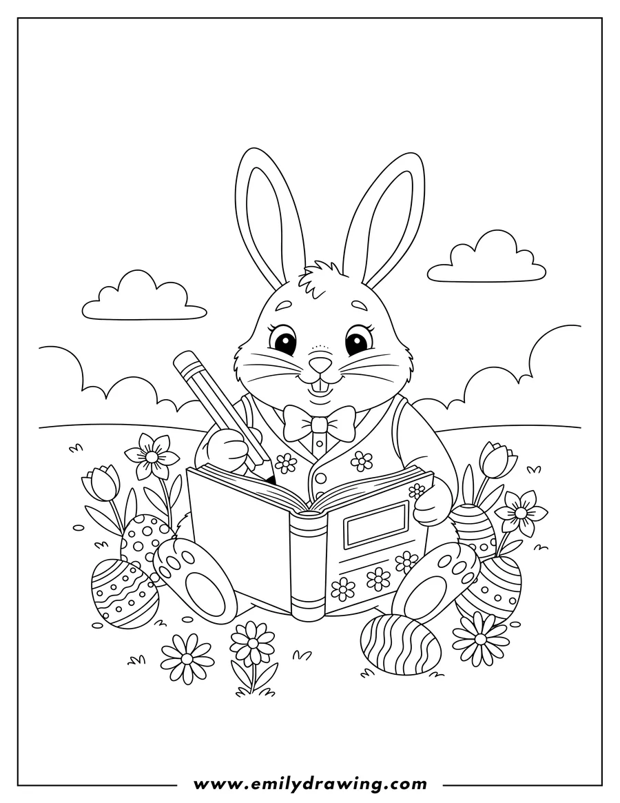 Coloring sheet featuring easter Bunny sitting, holding a pencil and writing in an open journal, with decorated Easter eggs and spring flowers