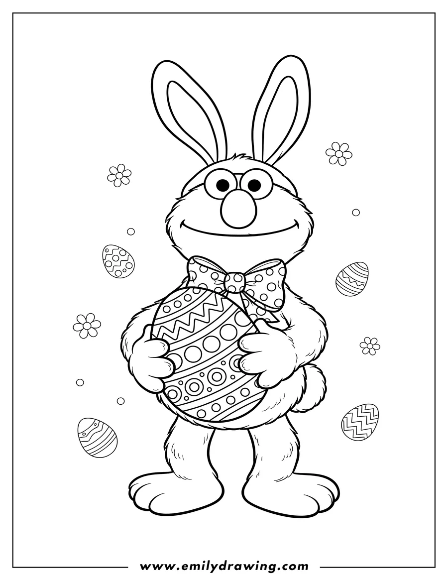Vector style outline of easter-themed Elmo dressed as an Easter bunny, holding a large Easter egg