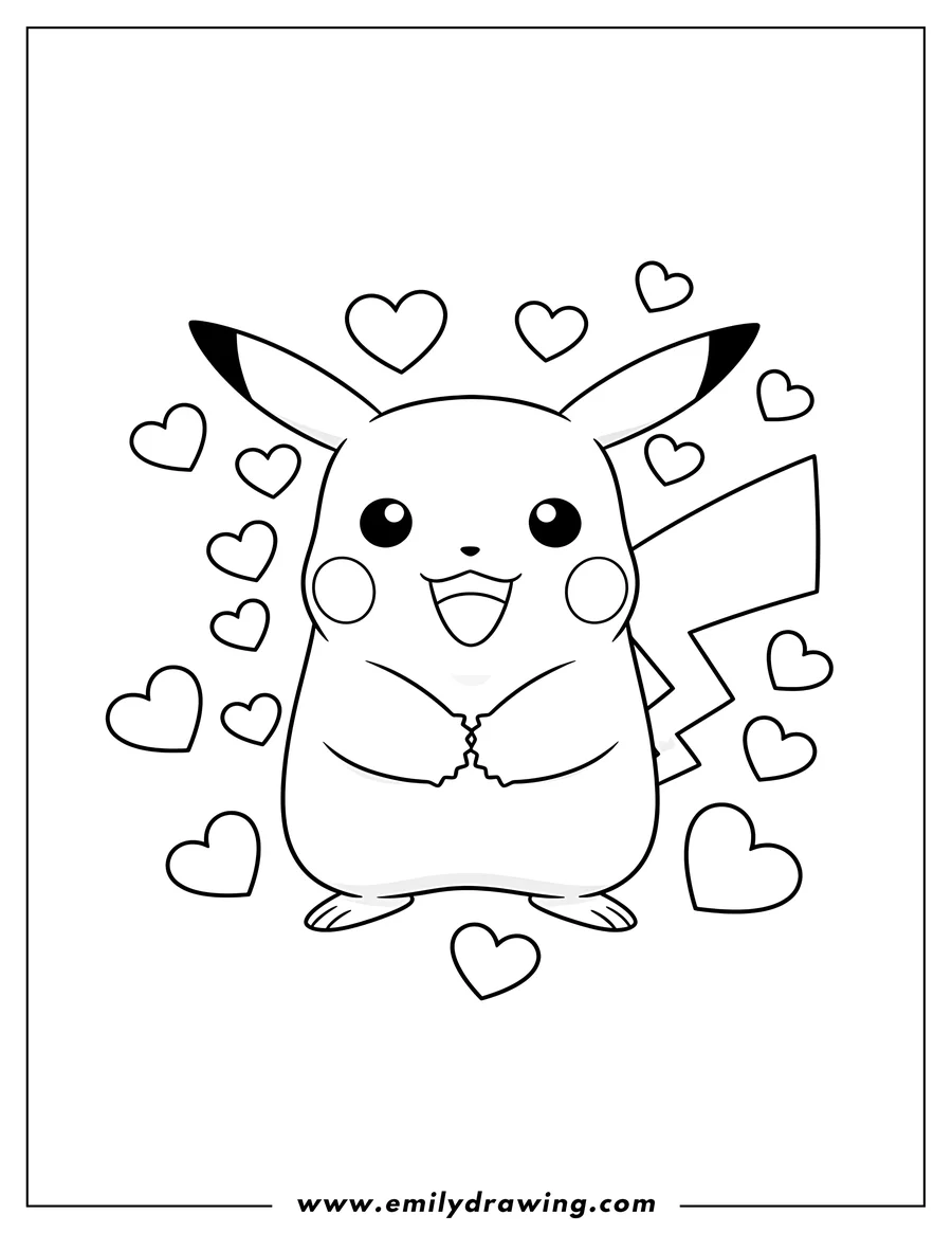Printable line art of cute Easy Pikachu smiling, with hands clasped, surrounded by Love Hearts for Preschoolers
