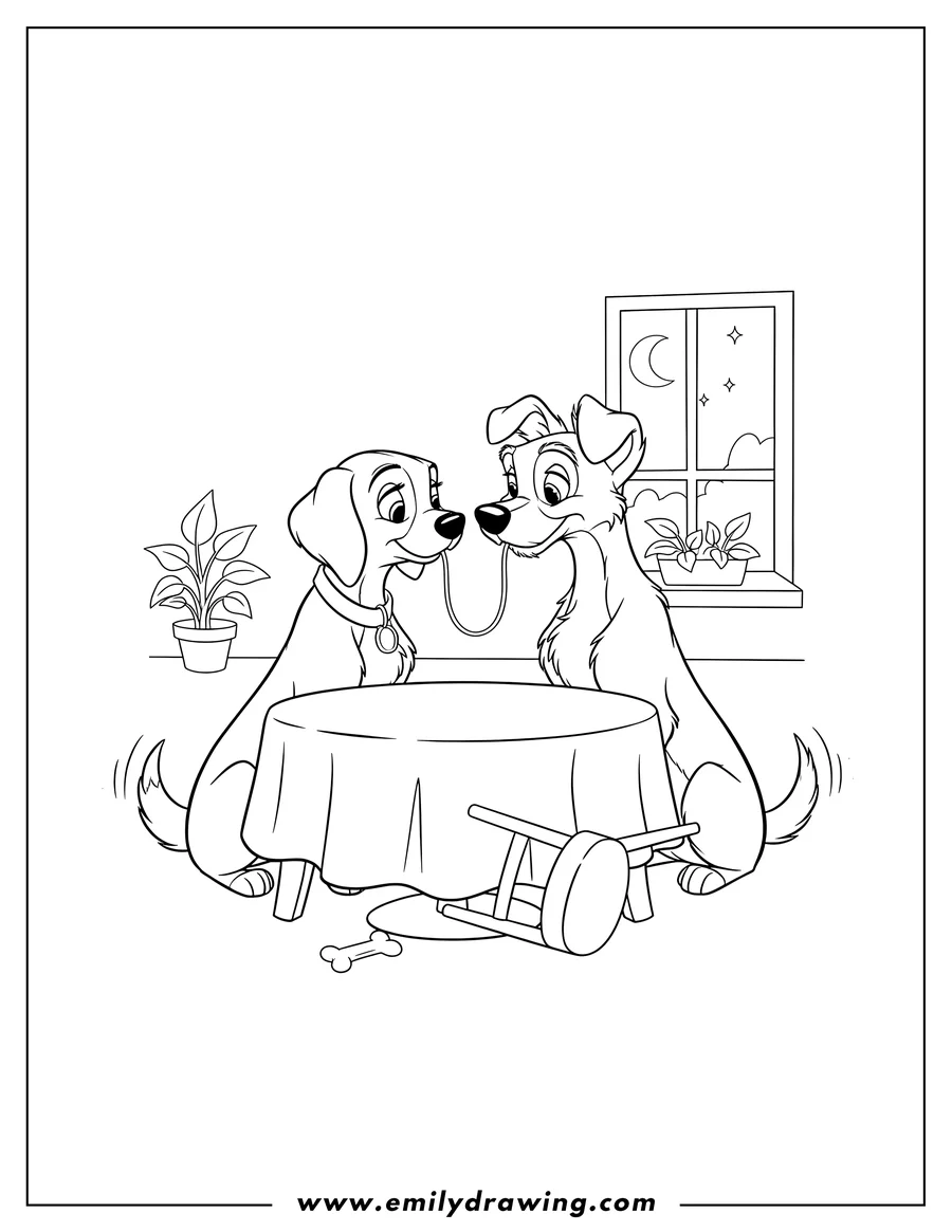 Outline drawing of lady And Tramp eating spaghetti nose-to-nose, sharing a single strand
