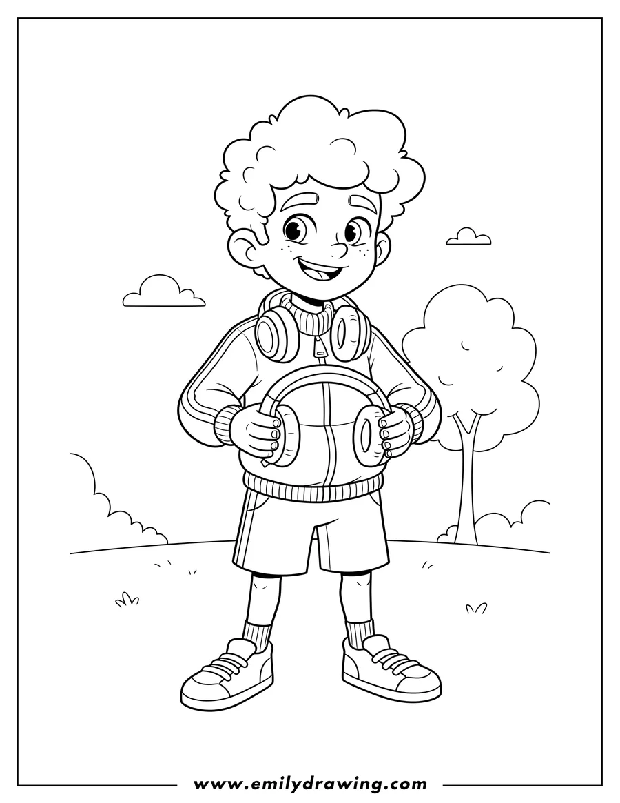 Clean line drawing: eddie Noodleman wearing a jacket and shorts, with headphones around his neck, holding his headphones