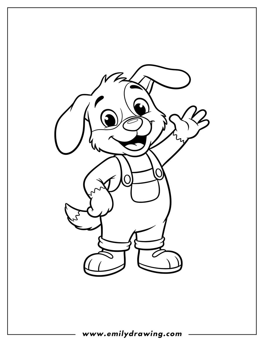 Coloring page for kids: eddy Outline Preschoolers, a smiling cartoon dog wearing overalls